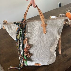 Consuela Tan and Cream Tote with Vibrant Embellishments